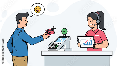 Customer pays with a credit card. Happy transaction, customer service rep with tablet showing growth chart, payments, e-commerce, cashless, retail, purchase
