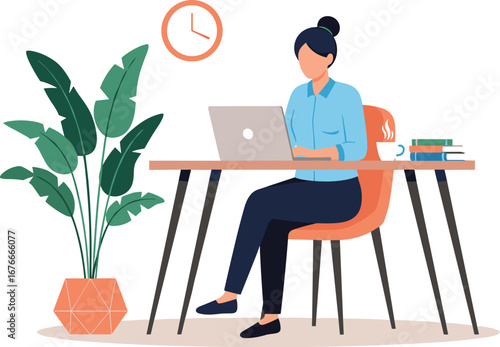 Woman working on laptop at desk with plant. Home office, remote work, modern design, productivity, workspace, freelance, illustration, lifestyle, businesswoman.