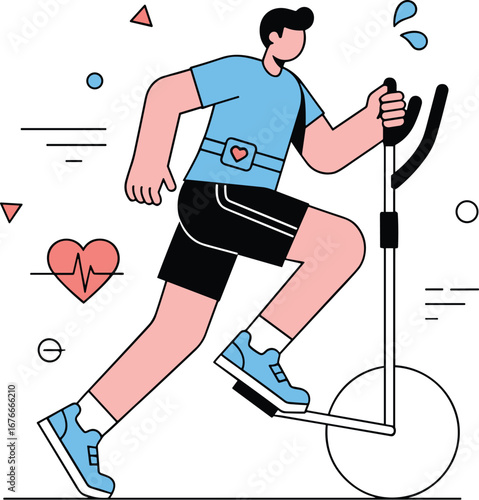 Man using elliptical trainer in fitness workout. Health, exercise, cardio, gym, training, wellness, activity, sport, equipment, sweat, silhouette, runner, athlete.