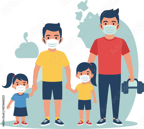 Family wears masks and holds hands during pandemic. COVID safety, protection, vector illustration, healthcare.