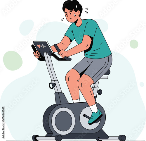 Man exercising on stationary bike, working up a sweat. Fitness, workout, cardio, exercise, health, wellness, stationary bike, sweat, exertion, physical activity.