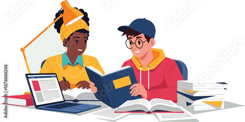 Students study together with books and laptop. Collaborative learning, teamwork, education, knowledge, studying, research, students, friends, cooperation, partnership