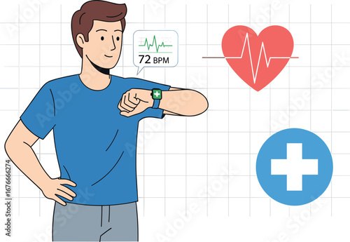 Man checks smart watch with heart rate monitor, for health tracking. Fitness, wellness, technology, bpm, digital, health, medical, care, monitor
