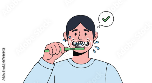 Man brushing his teeth, good hygiene. Dental care, oral health, clean, daily routine, self-care, wellness, confident, happy, healthy lifestyle, personal hygiene.