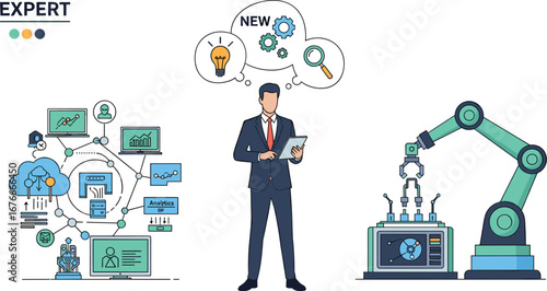 Expert contemplates new AI technology solutions. Business innovation, artificial intelligence, robotic automation, digital transformation.