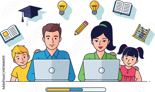 Family works together online with laptops. E-learning, homeschooling, family education, digital learning, home study, online education, parent support, child development.