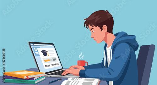 Student completes online course on laptop. Distance learning, e-learning, education, studying, online courses, virtual, progress, technology, knowledge, school.
