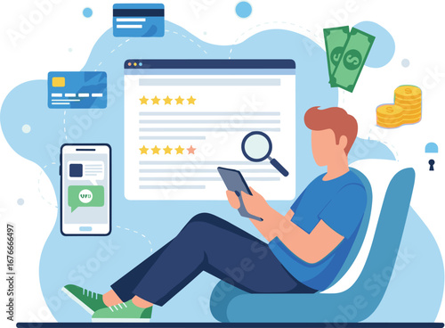 Man reviews products online via tablet. E-commerce shopping, feedback scores, rating system, mobile commerce, secure payment, digital money, consumer, web app.