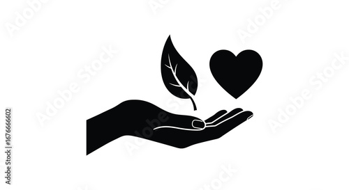 A hand holding a leaf and a heart symbolizing love and care for nature