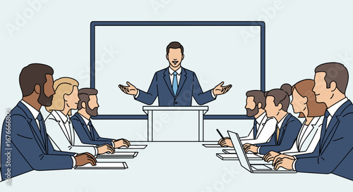 Leader speaks to team during meeting. Presenter at conference with attendees. Business, office, conference, meeting, teamwork, leader, presentation, planning, collaboration