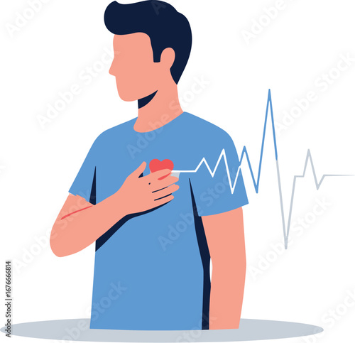 Man clutches chest with heart, next to heartbeat line. Heart health, cardiac arrest, emergency, health, disease, illness, care, medical, pain, angina