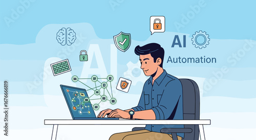 Man works on laptop with AI automation concepts. Artificial intelligence, programming, machine learning, technology, innovation, network, digital, business