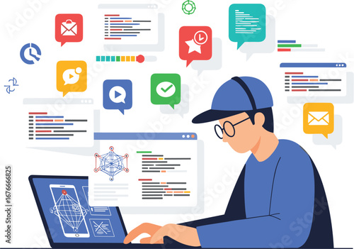 Developer works on laptop with code screens. Coding, programming, software, engineer, developer, work, computer, technology, business, digital, application