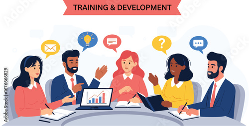 Team engages in training discussion. Development meeting, learning, collaboration, education, seminar, workshop, coaching, business, strategy.