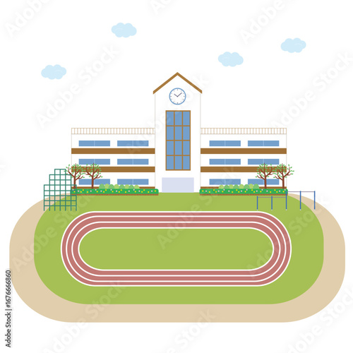 学校の校舎と大きなグランドのあるイラスト
