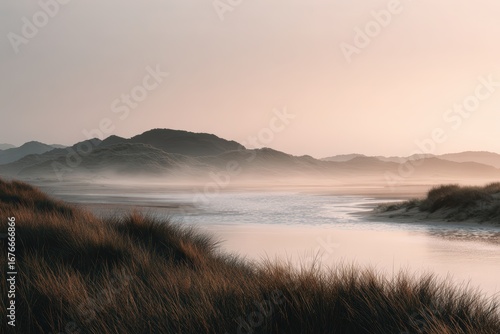 Soft pastel sunrise over misty shoreline with dune silhouettes and gentle waves in natural light, ideal for mindfulness themes, coastal lifestyle branding, and inspirational nature photography visuals