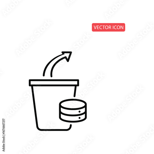 Data Disposal Concept: Minimalist illustration of a data disc being discarded into a bin, symbolized by an upward-pointing arrow. Represents data security and management