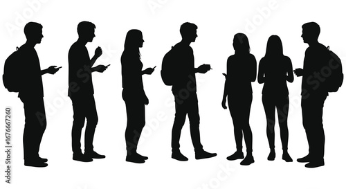a group of people standing in a line talking to each other