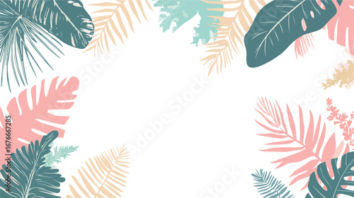 Soft pastel tropical palm leaves border design with white copy space for text