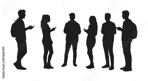 A group of people standing in a line talking to each other in silhouette