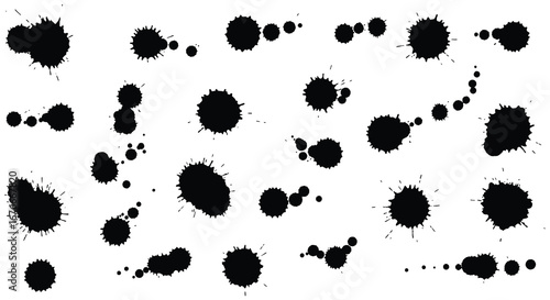 A collection of black ink splatters on a white background