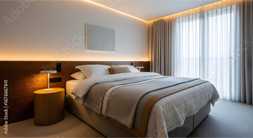 Contemporary hotel bedroom interior with a comfortable double bed, wooden headboard, and elegant ambient LED lighting