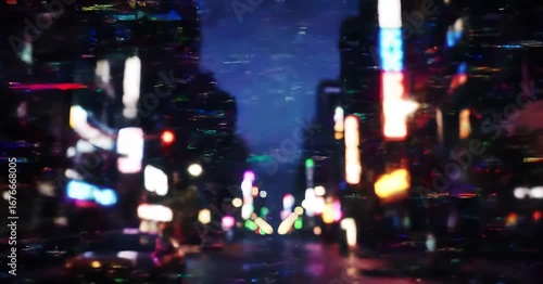 Glitchy cyberpunk cityscape at night with vibrant neon lights and digital distortion