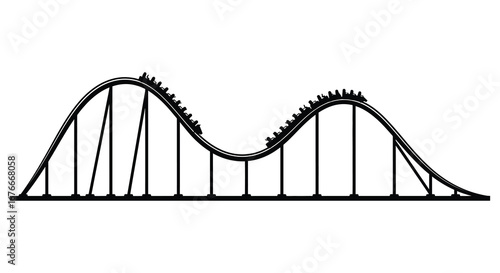 a black and white image of a roller coaster with hills and tracks