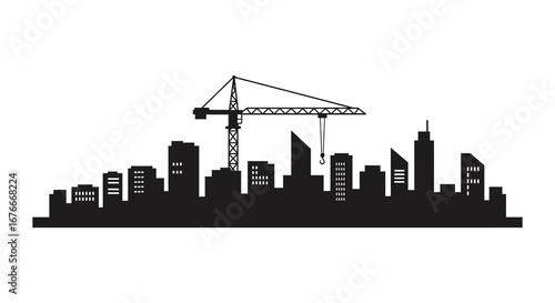 City skyline with construction crane and buildings in black silhouette