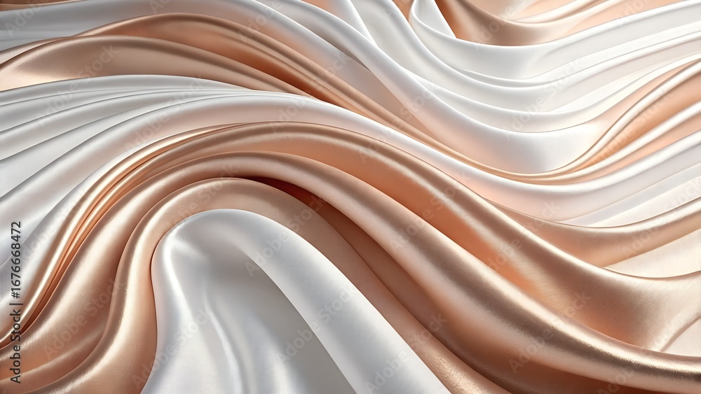 Fototapeta premium Creamy white and peach satin fabric in soft undulating waves with glossy texture – Luxury textile, fluid drapery, abstract elegance, smooth sheen, pastel gradient, light and shadow play