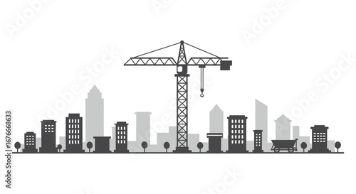 City skyline with construction crane and buildings in urban area