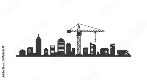 City skyline with construction crane and buildings in urban area