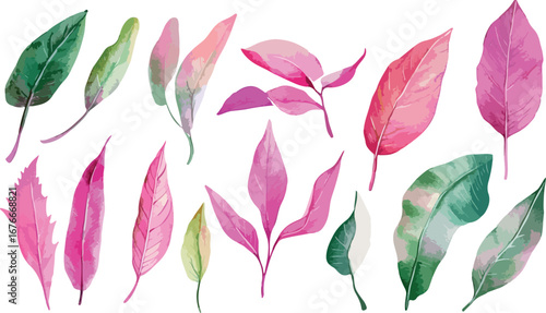 Collection of delicate watercolor painted leaves in various shades of pink and green