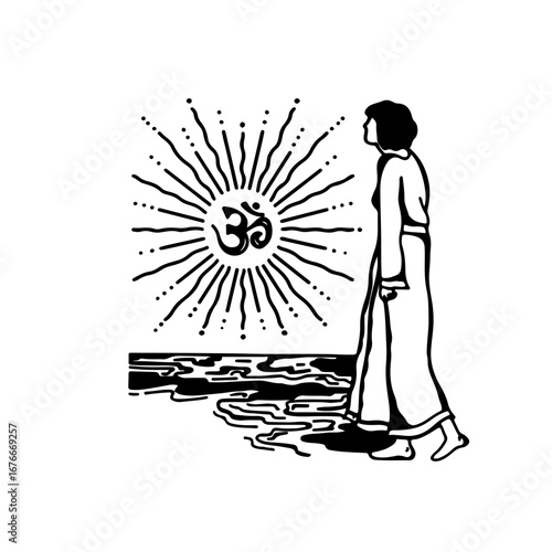 Spiritual journey of enlightenment and inner peace, a figure walking towards the radiant Om symbol