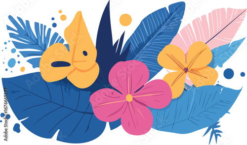 Vibrant tropical floral arrangement with lush green blue pink and yellow foliage