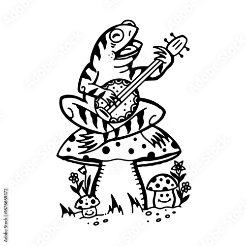 Whimsical frog playing banjo on mushroom, a joyful illustration for children's books and playful designs