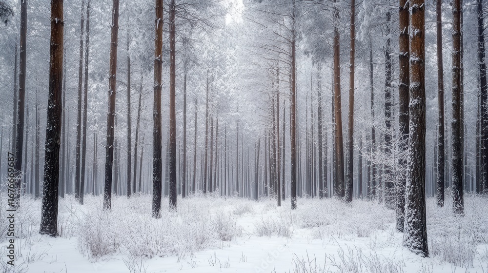 Fototapeta premium A serene winter forest scene with tall trees covered in snow, creating a peaceful and enchanting atmosphere.