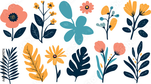 Collection of whimsical hand drawn botanical elements with vibrant colors and organic shapes