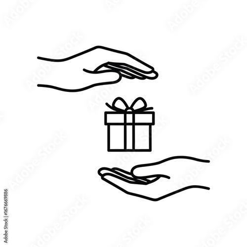Giving and Receiving: A simple linear representation of gift-giving, symbolizing generosity, surprise, and celebration. Featuring two hands tenderly interacting with a gift box
