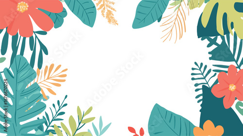 Vibrant tropical floral border design with lush greenery and bright orange flowers