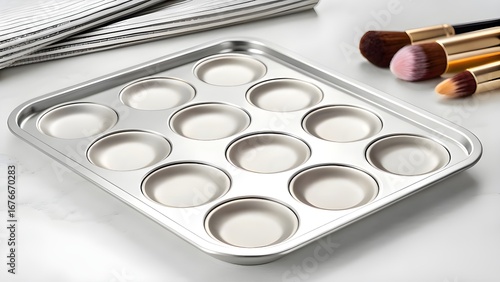 Eye Shadow Mixing Tray Mockup – Blank Stainless Steel Cosmetic Palette on Clean Surface with Soft Focus, Perfect for Makeup Branding, Packaging Design and Professional Showcase