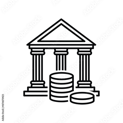 Financial Fortress: A strong line art depiction of a sturdy bank building guarding stacks of coins, symbolizing financial security and stability.