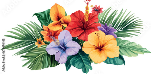Vibrant tropical flower arrangement with lush green palm leaves and hibiscus blooms