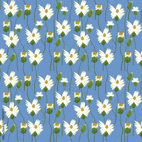 Natural fabric  seamless pattern white floral pattern on blue background as a pattern