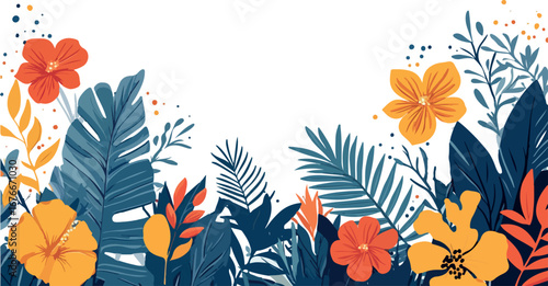 Vibrant tropical floral border with lush green leaves and colorful exotic flowers