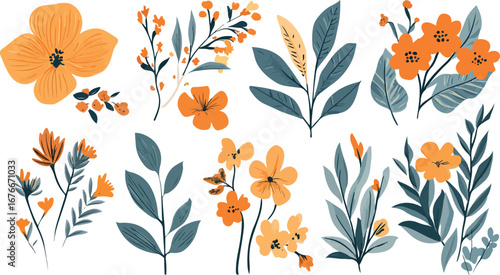 Collection of delicate orange and yellow wildflowers and green foliage on a white background
