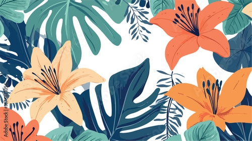 Vibrant tropical floral pattern with large orange and yellow lilies and lush green foliage