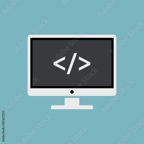 Computer monitor displaying code symbols on a blue background.
