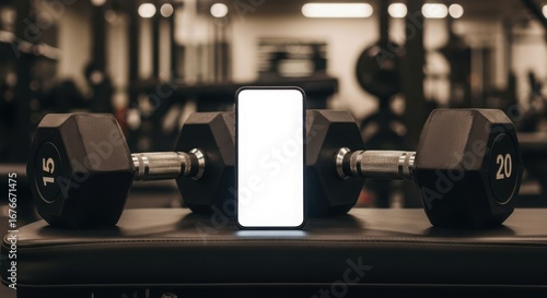 Smartphone with blank screen positioned between dumbbells in a gym setting.
