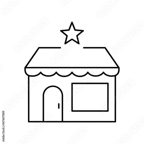 Star Shop Illustration: A minimalistic line drawing of a shop with a star icon symbolising business excellence. This versatile vector illustration conveys concepts like business, service, and quality.